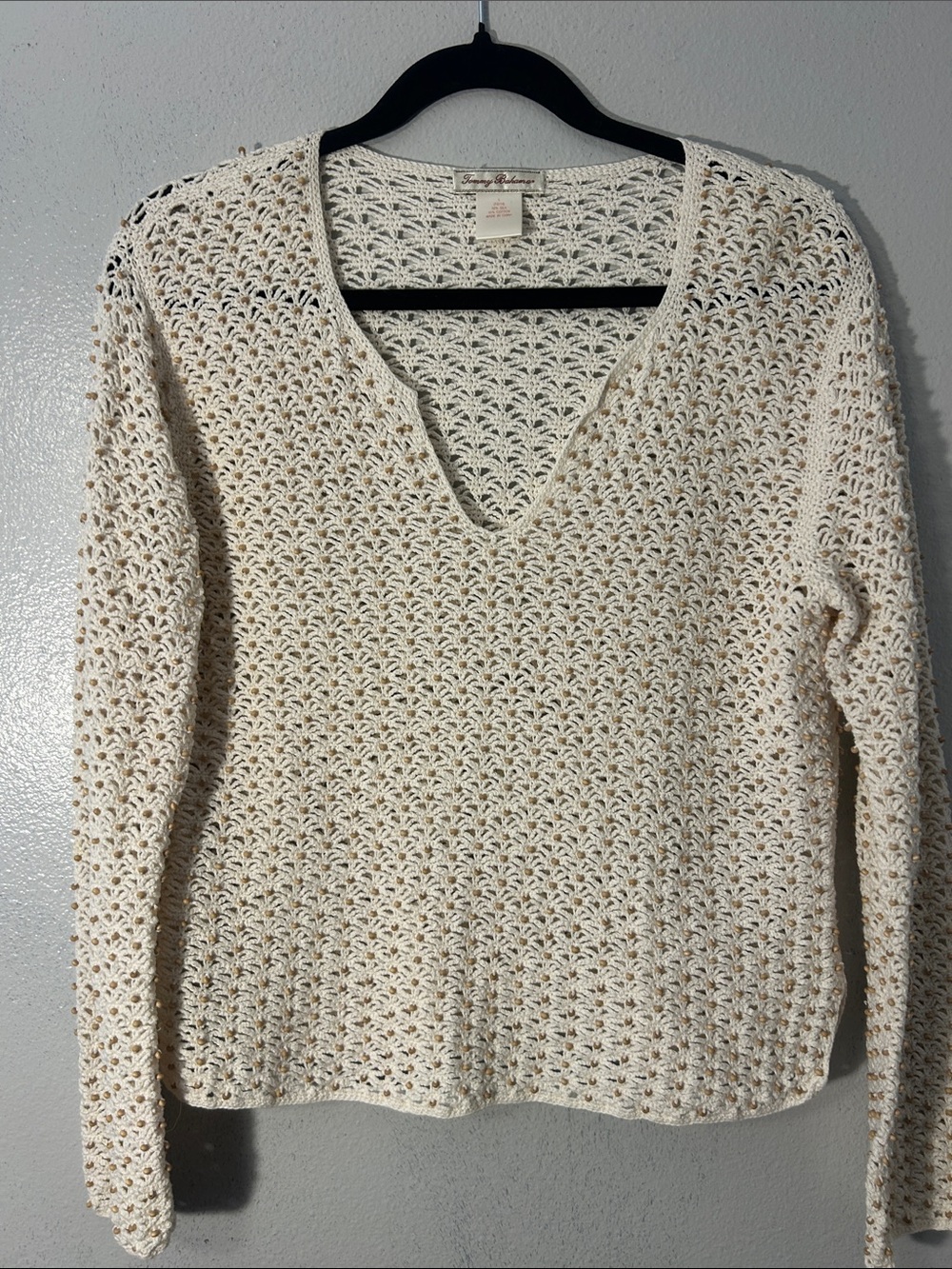 Tommy Bahama Ivory Silk Cotton Crochet Beaded V-Neck Sweater medium/large